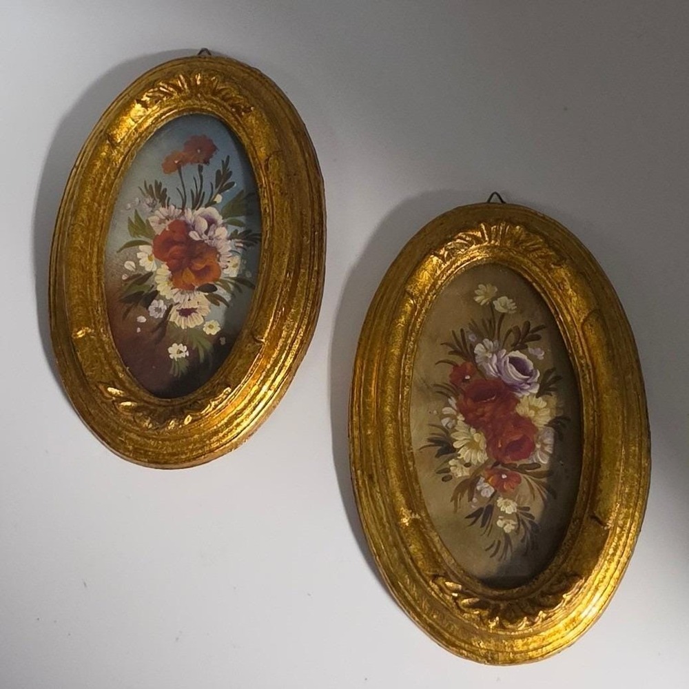 2 mini Italian Hand Painted Floral Oil Paintings Gilt Frames Convex Gallery 3x6"